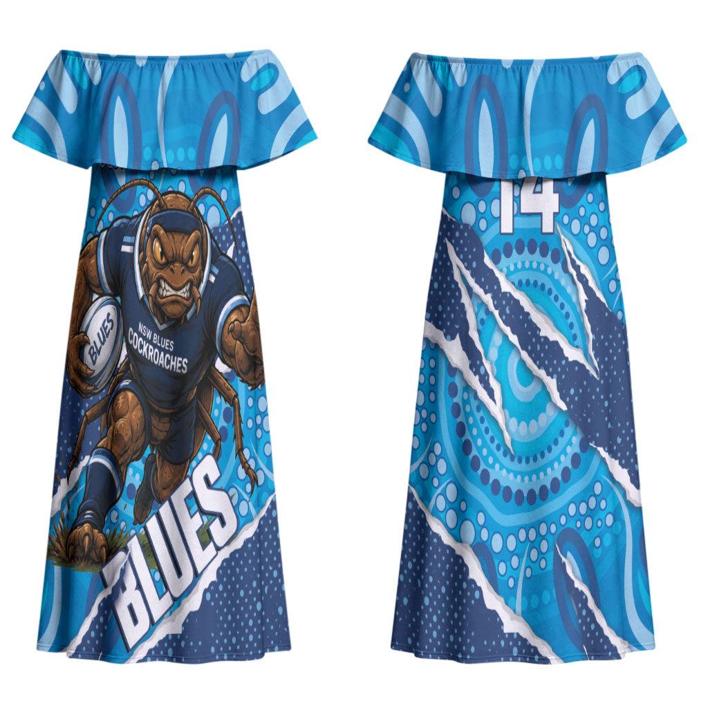 NSW Blues Rugby Custom Couples Matching Off Shoulder Maxi Dress and Long Sleeve Button Shirt Go Cockroaches Sporty Aboriginal Art LT14