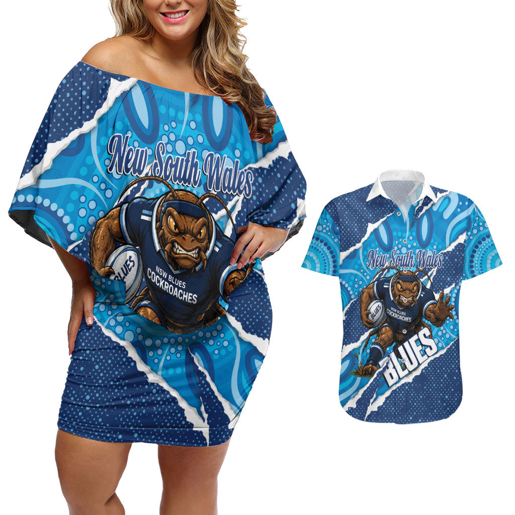 NSW Blues Rugby Custom Couples Matching Off Shoulder Short Dress and Hawaiian Shirt Go Cockroaches Sporty Aboriginal Art