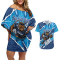 NSW Blues Rugby Custom Couples Matching Off Shoulder Short Dress and Hawaiian Shirt Go Cockroaches Sporty Aboriginal Art