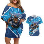NSW Blues Rugby Custom Couples Matching Off Shoulder Short Dress and Hawaiian Shirt Go Cockroaches Sporty Aboriginal Art