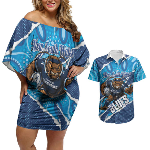 NSW Blues Rugby Custom Couples Matching Off Shoulder Short Dress and Hawaiian Shirt Go Cockroaches Sporty Aboriginal Art
