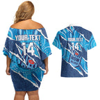 NSW Blues Rugby Custom Couples Matching Off Shoulder Short Dress and Hawaiian Shirt Go Cockroaches Sporty Aboriginal Art