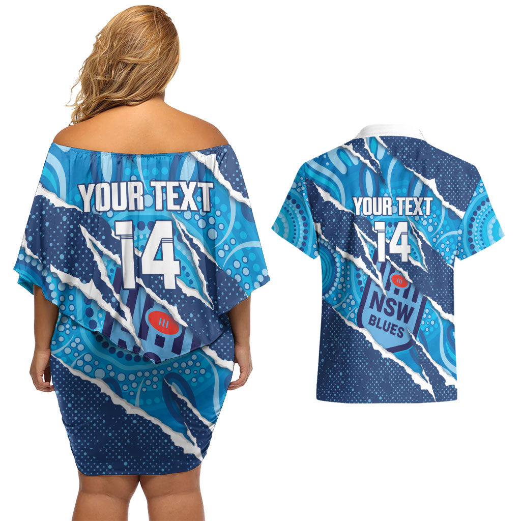 NSW Blues Rugby Custom Couples Matching Off Shoulder Short Dress and Hawaiian Shirt Go Cockroaches Sporty Aboriginal Art
