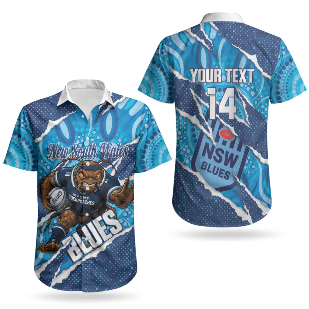 NSW Blues Rugby Custom Couples Matching Off Shoulder Short Dress and Hawaiian Shirt Go Cockroaches Sporty Aboriginal Art LT14