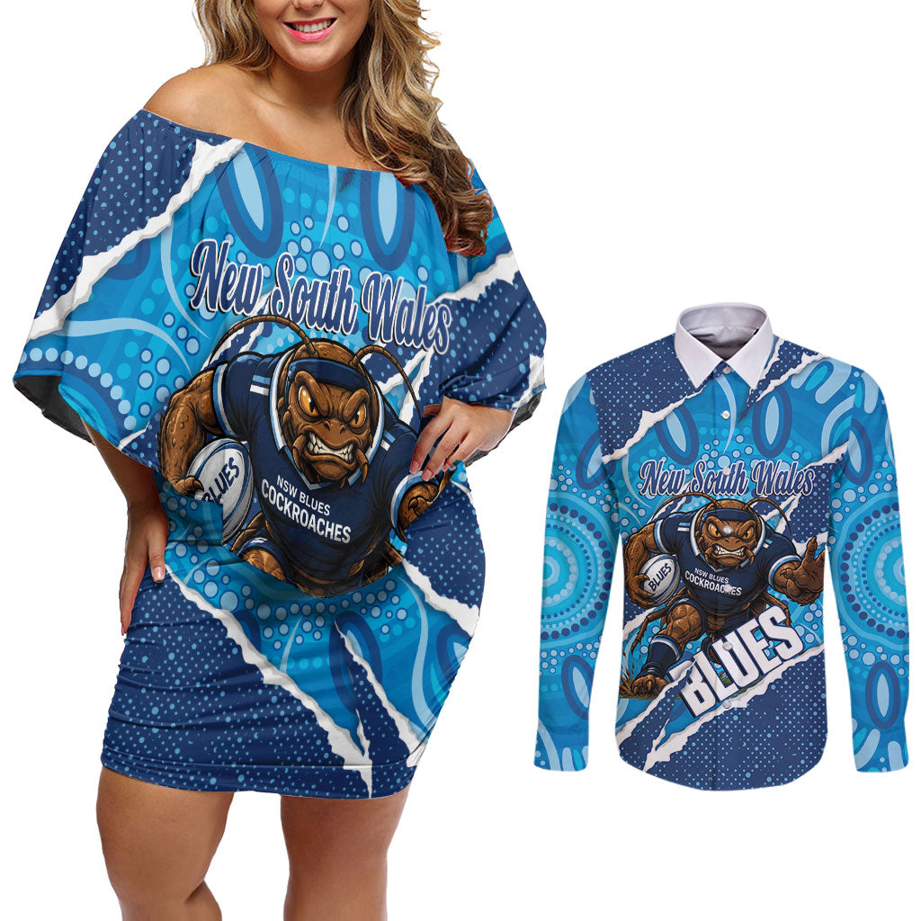 NSW Blues Rugby Custom Couples Matching Off Shoulder Short Dress and Long Sleeve Button Shirt Go Cockroaches Sporty Aboriginal Art