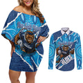 NSW Blues Rugby Custom Couples Matching Off Shoulder Short Dress and Long Sleeve Button Shirt Go Cockroaches Sporty Aboriginal Art
