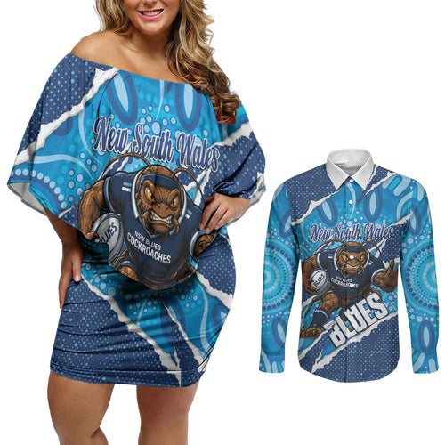 NSW Blues Rugby Custom Couples Matching Off Shoulder Short Dress and Long Sleeve Button Shirt Go Cockroaches Sporty Aboriginal Art