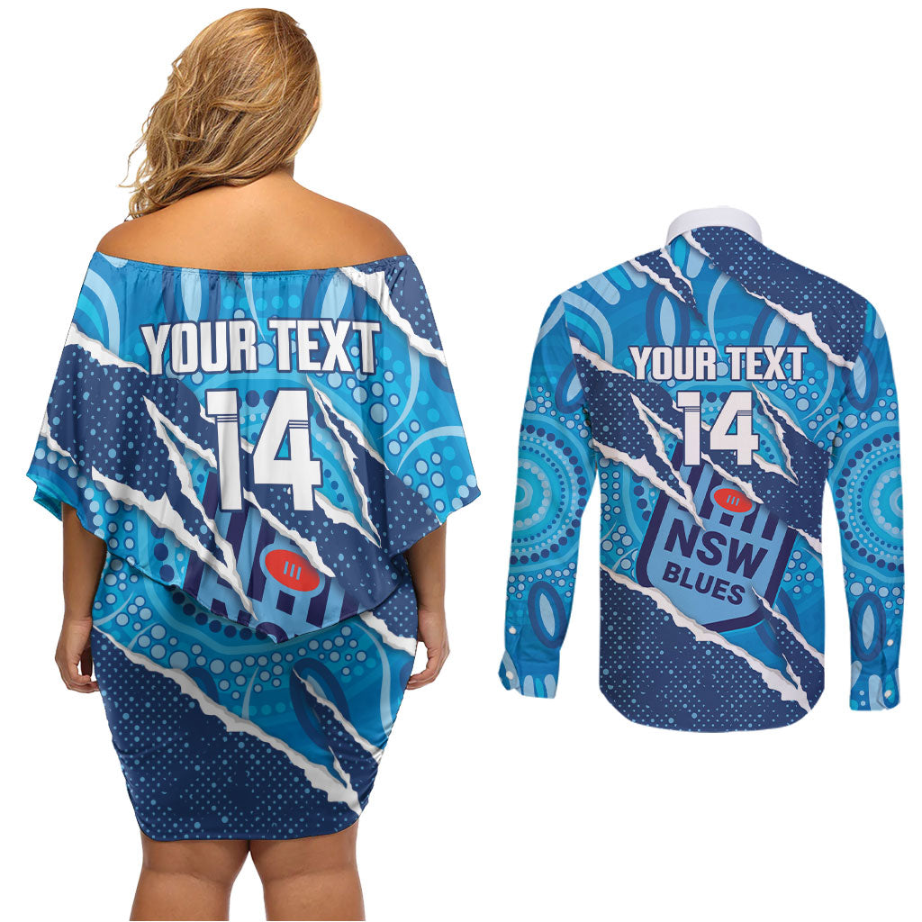 NSW Blues Rugby Custom Couples Matching Off Shoulder Short Dress and Long Sleeve Button Shirt Go Cockroaches Sporty Aboriginal Art