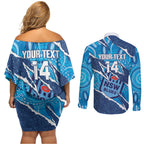 NSW Blues Rugby Custom Couples Matching Off Shoulder Short Dress and Long Sleeve Button Shirt Go Cockroaches Sporty Aboriginal Art