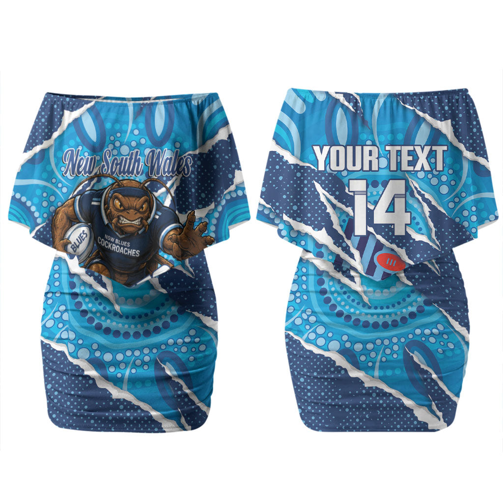 NSW Blues Rugby Custom Couples Matching Off Shoulder Short Dress and Long Sleeve Button Shirt Go Cockroaches Sporty Aboriginal Art LT14