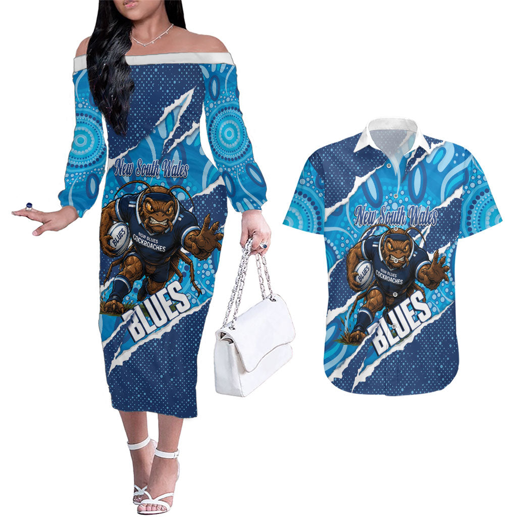 NSW Blues Rugby Custom Couples Matching Off The Shoulder Long Sleeve Dress and Hawaiian Shirt Go Cockroaches Sporty Aboriginal Art