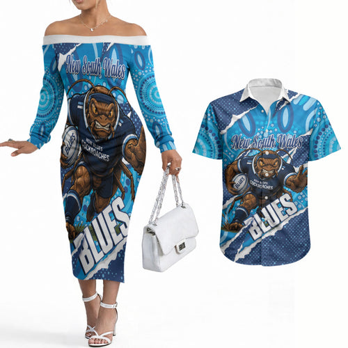 NSW Blues Rugby Custom Couples Matching Off The Shoulder Long Sleeve Dress and Hawaiian Shirt Go Cockroaches Sporty Aboriginal Art
