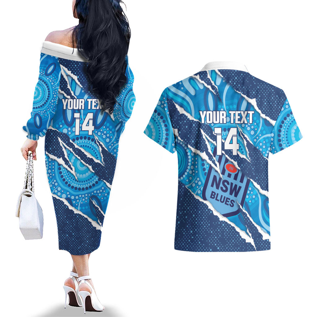 NSW Blues Rugby Custom Couples Matching Off The Shoulder Long Sleeve Dress and Hawaiian Shirt Go Cockroaches Sporty Aboriginal Art