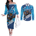 NSW Blues Rugby Custom Couples Matching Off The Shoulder Long Sleeve Dress and Long Sleeve Button Shirt Go Cockroaches Sporty Aboriginal Art