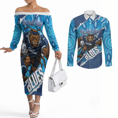 NSW Blues Rugby Custom Couples Matching Off The Shoulder Long Sleeve Dress and Long Sleeve Button Shirt Go Cockroaches Sporty Aboriginal Art