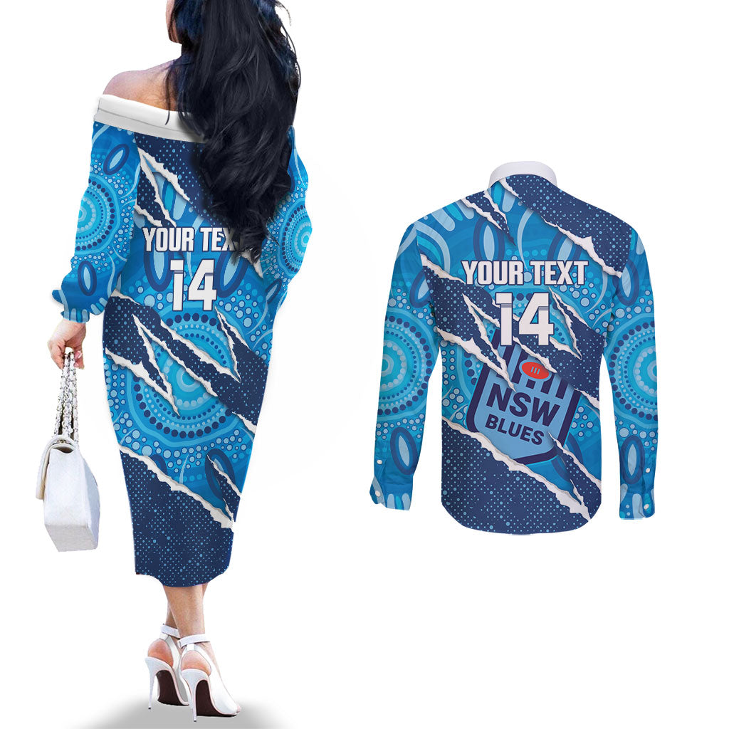 NSW Blues Rugby Custom Couples Matching Off The Shoulder Long Sleeve Dress and Long Sleeve Button Shirt Go Cockroaches Sporty Aboriginal Art