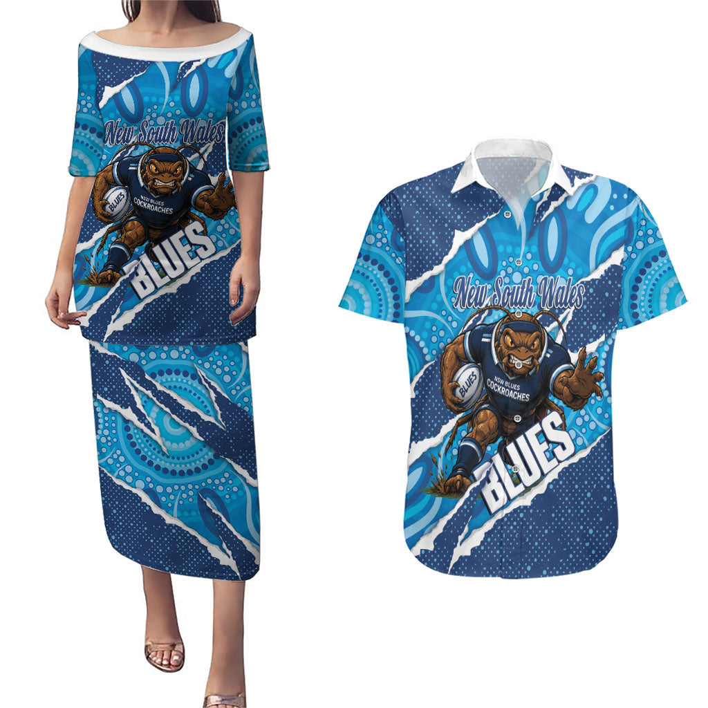 NSW Blues Rugby Custom Couples Matching Puletasi and Hawaiian Shirt Go Cockroaches Sporty Aboriginal Art