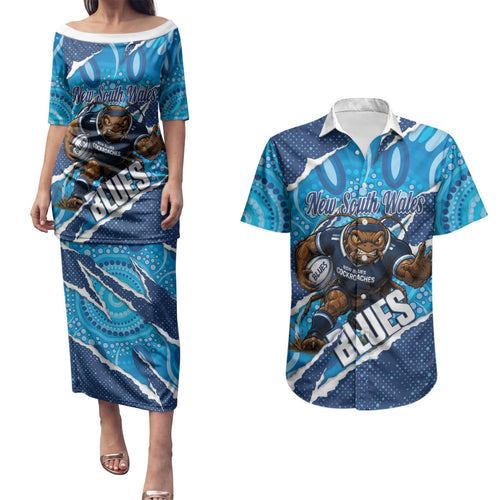 NSW Blues Rugby Custom Couples Matching Puletasi and Hawaiian Shirt Go Cockroaches Sporty Aboriginal Art