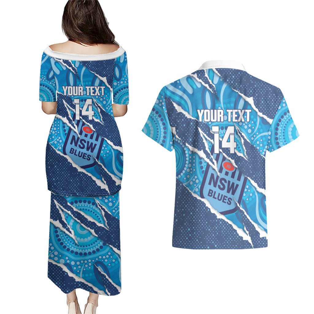 NSW Blues Rugby Custom Couples Matching Puletasi and Hawaiian Shirt Go Cockroaches Sporty Aboriginal Art