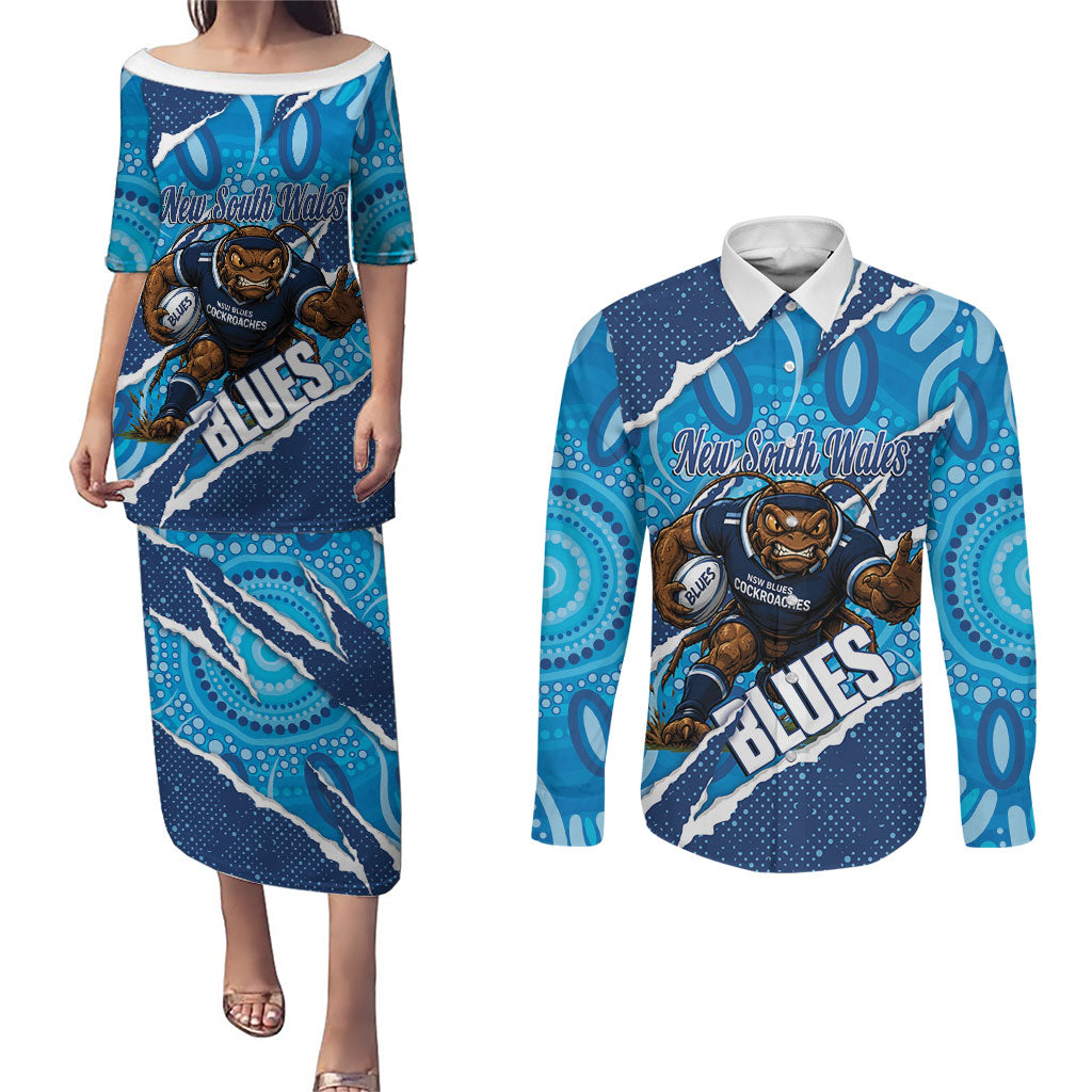 NSW Blues Rugby Custom Couples Matching Puletasi and Long Sleeve Button Shirt Go Cockroaches Sporty Aboriginal Art