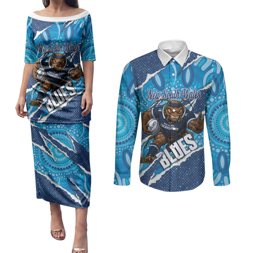 NSW Blues Rugby Custom Couples Matching Puletasi and Long Sleeve Button Shirt Go Cockroaches Sporty Aboriginal Art