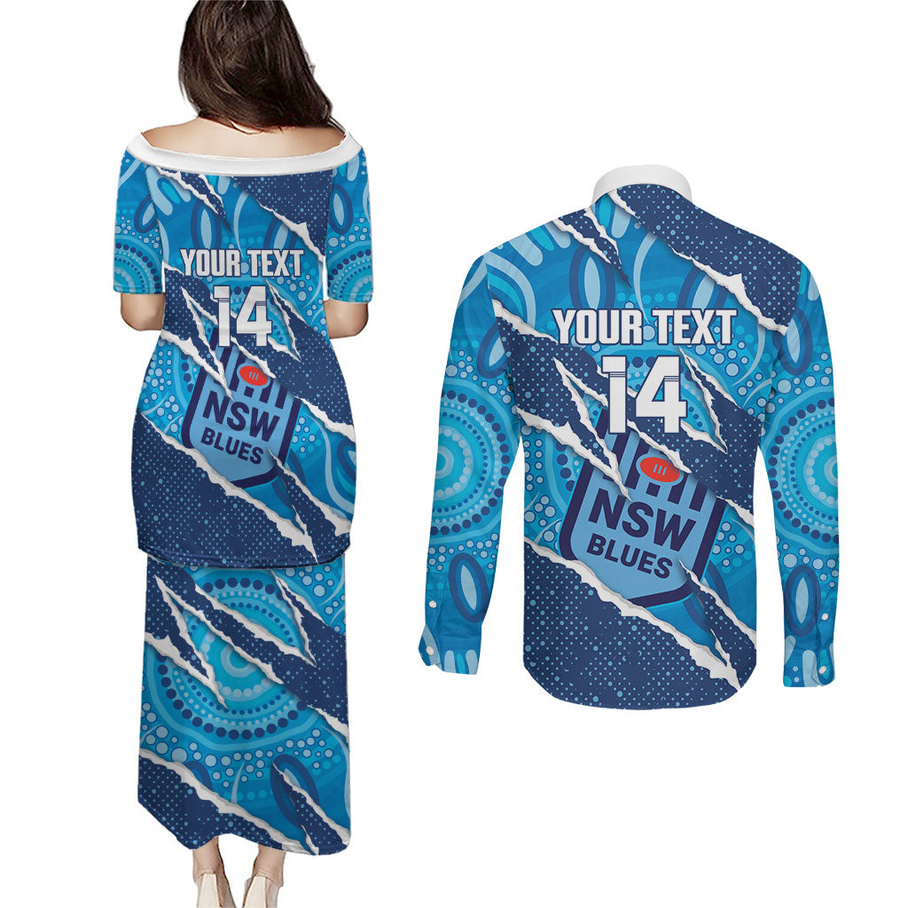 NSW Blues Rugby Custom Couples Matching Puletasi and Long Sleeve Button Shirt Go Cockroaches Sporty Aboriginal Art
