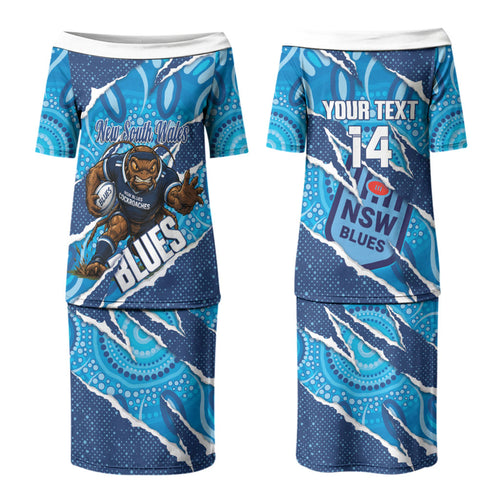 NSW Blues Rugby Custom Couples Matching Puletasi and Long Sleeve Button Shirt Go Cockroaches Sporty Aboriginal Art LT14