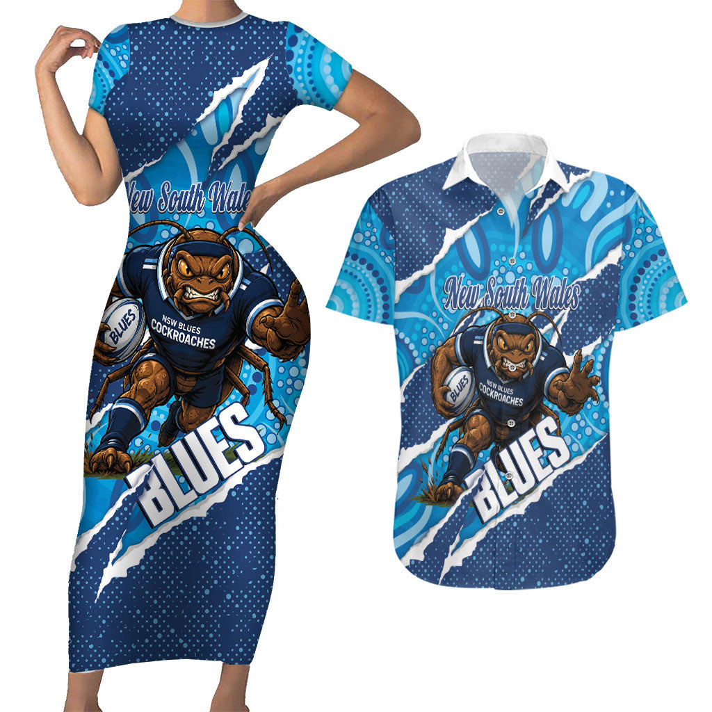 NSW Blues Rugby Custom Couples Matching Short Sleeve Bodycon Dress and Hawaiian Shirt Go Cockroaches Sporty Aboriginal Art