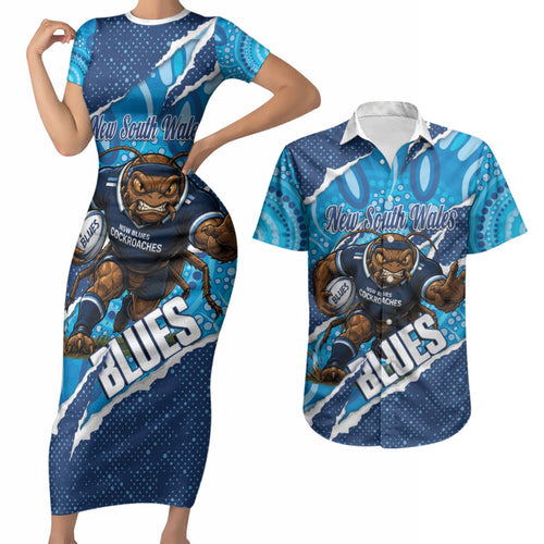 NSW Blues Rugby Custom Couples Matching Short Sleeve Bodycon Dress and Hawaiian Shirt Go Cockroaches Sporty Aboriginal Art