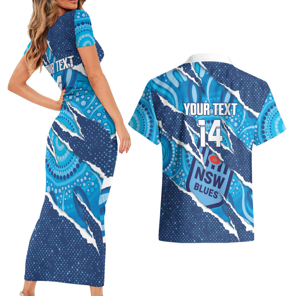 NSW Blues Rugby Custom Couples Matching Short Sleeve Bodycon Dress and Hawaiian Shirt Go Cockroaches Sporty Aboriginal Art