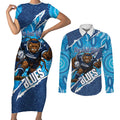 NSW Blues Rugby Custom Couples Matching Short Sleeve Bodycon Dress and Long Sleeve Button Shirt Go Cockroaches Sporty Aboriginal Art