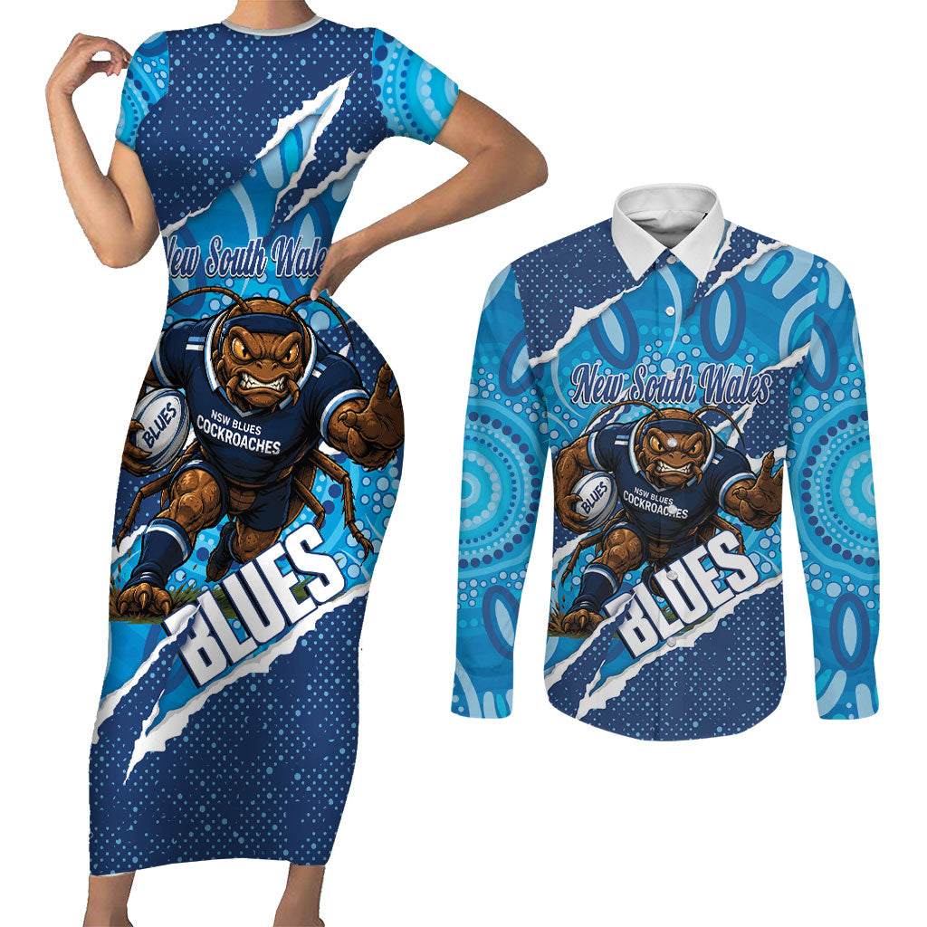 NSW Blues Rugby Custom Couples Matching Short Sleeve Bodycon Dress and Long Sleeve Button Shirt Go Cockroaches Sporty Aboriginal Art