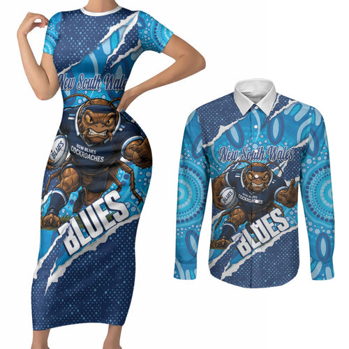 NSW Blues Rugby Custom Couples Matching Short Sleeve Bodycon Dress and Long Sleeve Button Shirt Go Cockroaches Sporty Aboriginal Art
