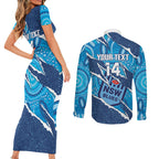 NSW Blues Rugby Custom Couples Matching Short Sleeve Bodycon Dress and Long Sleeve Button Shirt Go Cockroaches Sporty Aboriginal Art