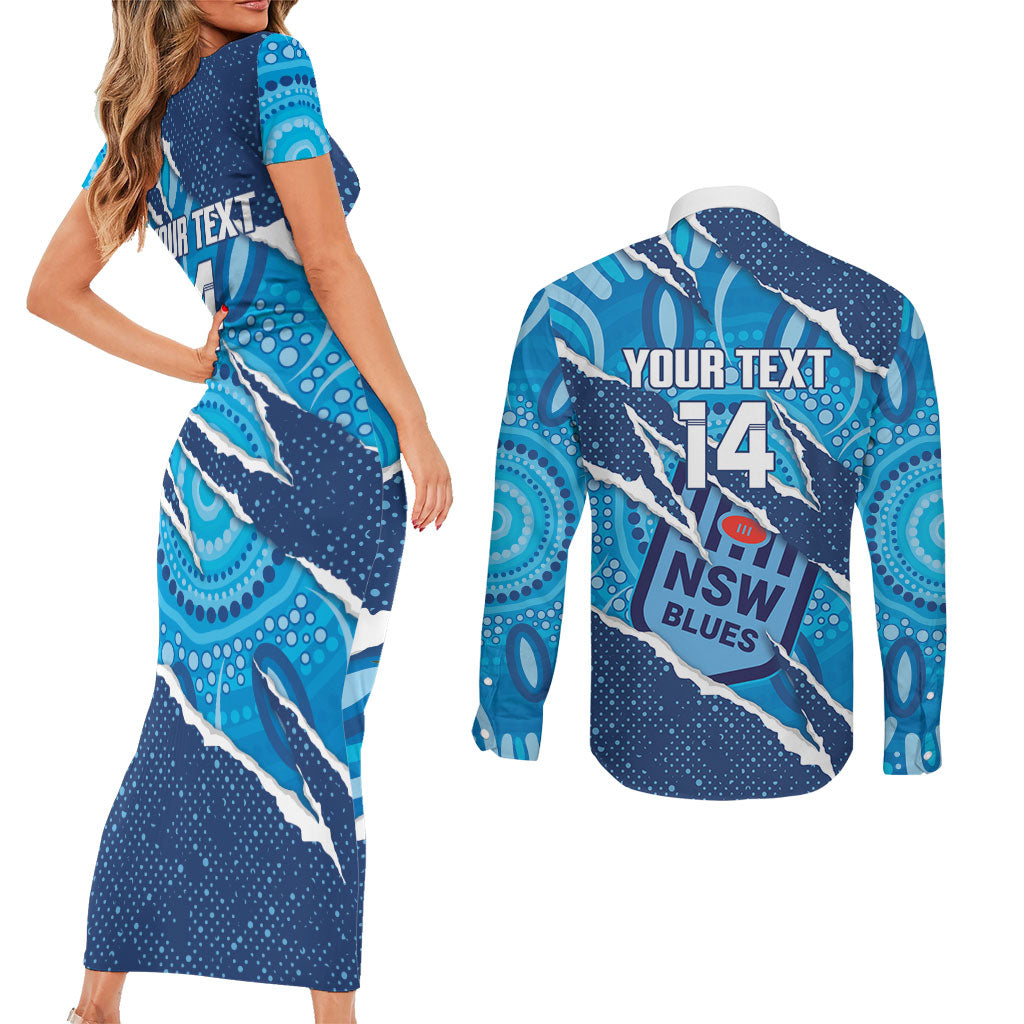 NSW Blues Rugby Custom Couples Matching Short Sleeve Bodycon Dress and Long Sleeve Button Shirt Go Cockroaches Sporty Aboriginal Art