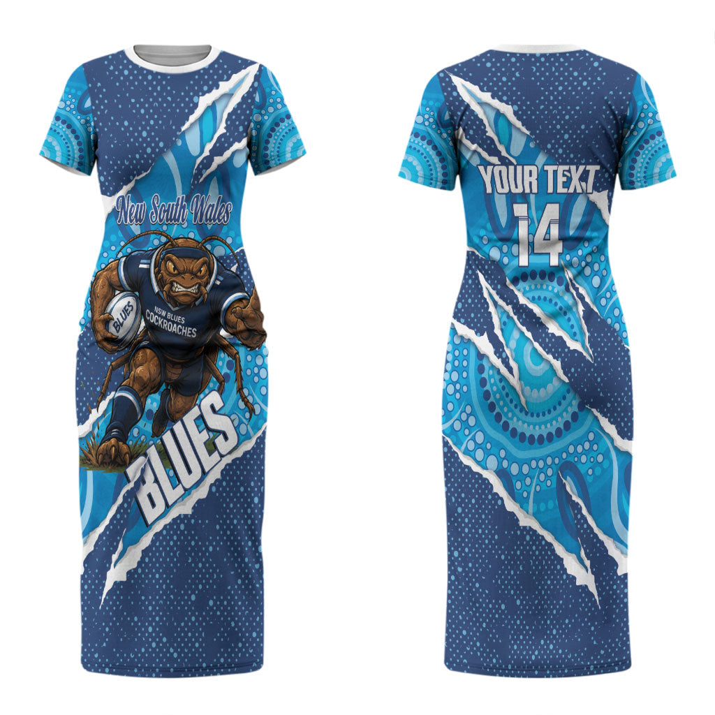 NSW Blues Rugby Custom Couples Matching Short Sleeve Bodycon Dress and Long Sleeve Button Shirt Go Cockroaches Sporty Aboriginal Art LT14