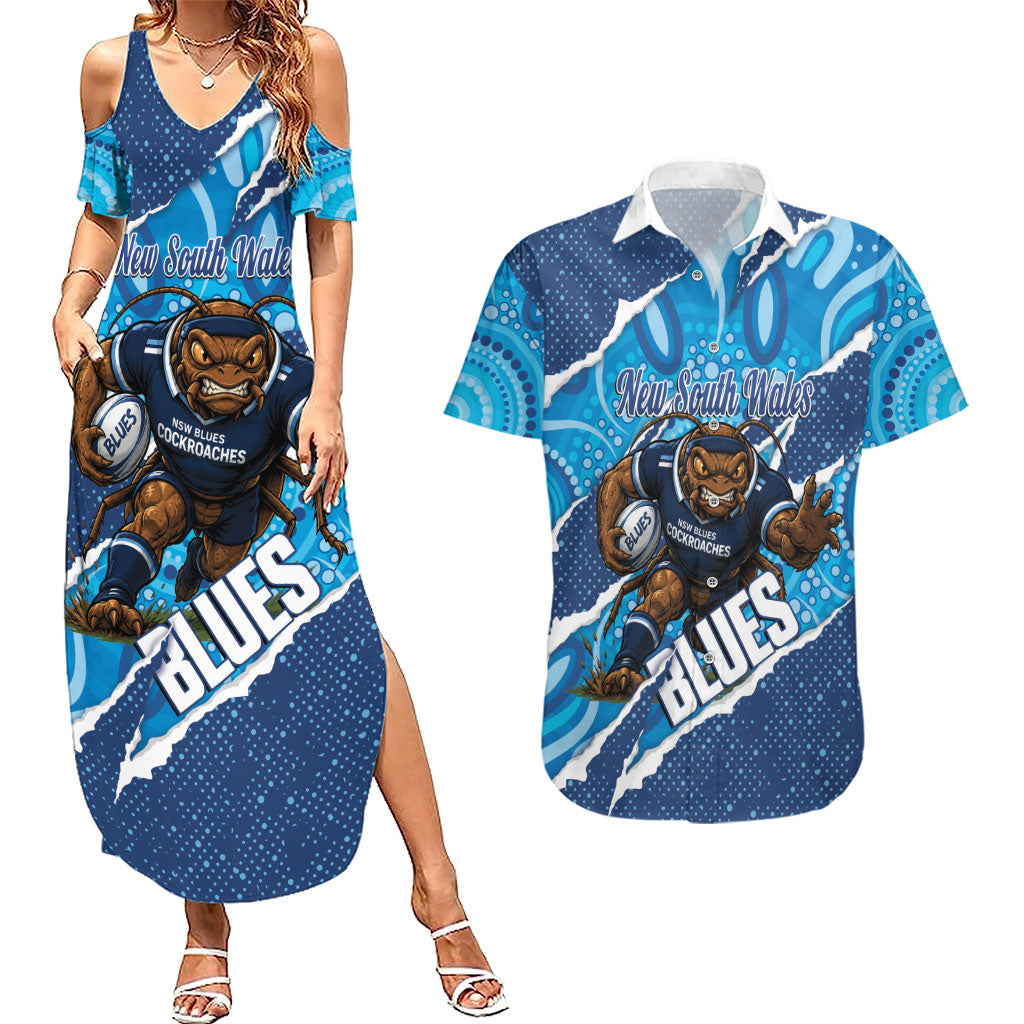 NSW Blues Rugby Custom Couples Matching Summer Maxi Dress and Hawaiian Shirt Go Cockroaches Sporty Aboriginal Art
