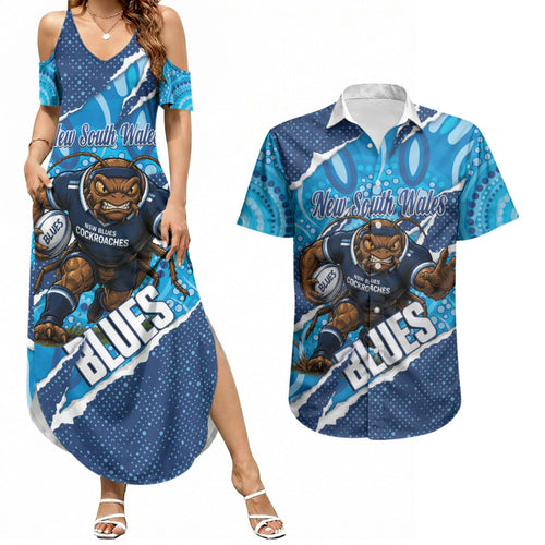 NSW Blues Rugby Custom Couples Matching Summer Maxi Dress and Hawaiian Shirt Go Cockroaches Sporty Aboriginal Art
