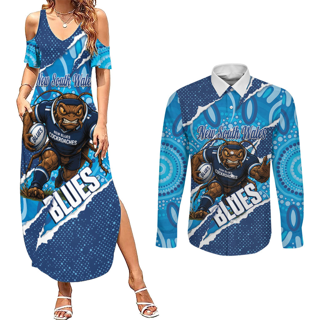 NSW Blues Rugby Custom Couples Matching Summer Maxi Dress and Long Sleeve Button Shirt Go Cockroaches Sporty Aboriginal Art