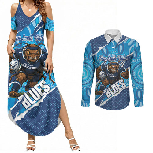 NSW Blues Rugby Custom Couples Matching Summer Maxi Dress and Long Sleeve Button Shirt Go Cockroaches Sporty Aboriginal Art