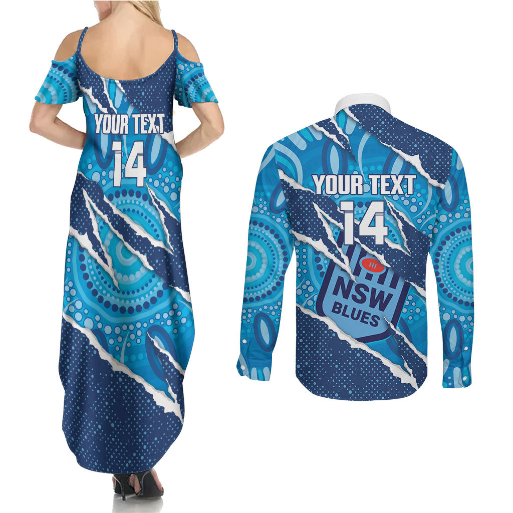 NSW Blues Rugby Custom Couples Matching Summer Maxi Dress and Long Sleeve Button Shirt Go Cockroaches Sporty Aboriginal Art