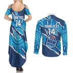 NSW Blues Rugby Custom Couples Matching Summer Maxi Dress and Long Sleeve Button Shirt Go Cockroaches Sporty Aboriginal Art