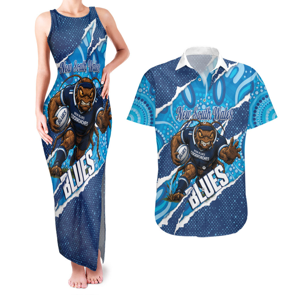NSW Blues Rugby Custom Couples Matching Tank Maxi Dress and Hawaiian Shirt Go Cockroaches Sporty Aboriginal Art