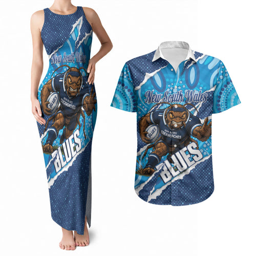 NSW Blues Rugby Custom Couples Matching Tank Maxi Dress and Hawaiian Shirt Go Cockroaches Sporty Aboriginal Art