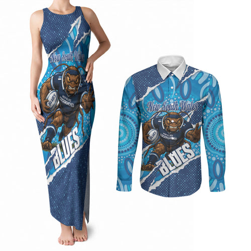 NSW Blues Rugby Custom Couples Matching Tank Maxi Dress and Long Sleeve Button Shirt Go Cockroaches Sporty Aboriginal Art