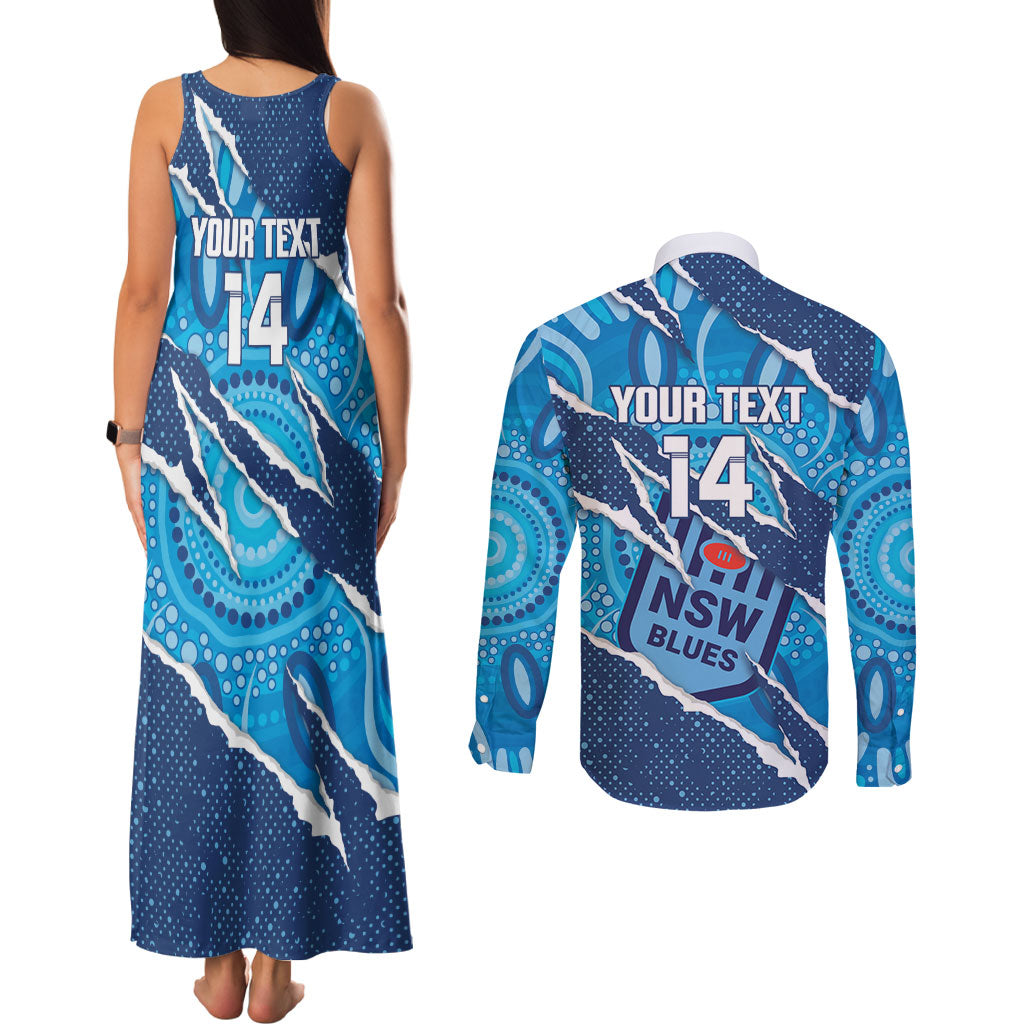 NSW Blues Rugby Custom Couples Matching Tank Maxi Dress and Long Sleeve Button Shirt Go Cockroaches Sporty Aboriginal Art