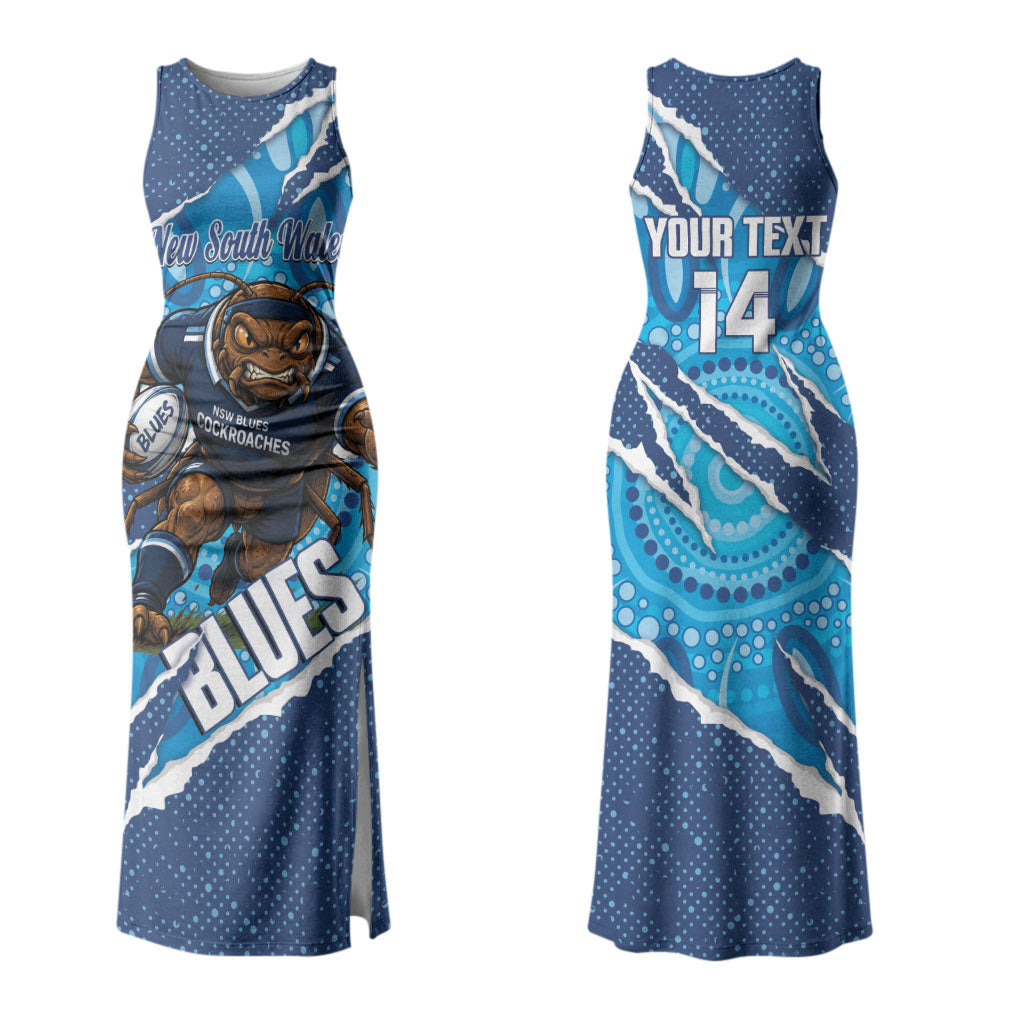 NSW Blues Rugby Custom Couples Matching Tank Maxi Dress and Long Sleeve Button Shirt Go Cockroaches Sporty Aboriginal Art LT14
