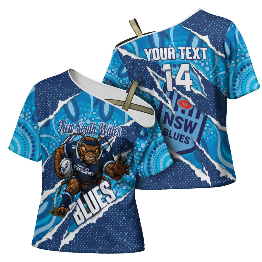 NSW Blues Rugby Custom Cross Shoulder Shirt Go Cockroaches Sporty Aboriginal Art