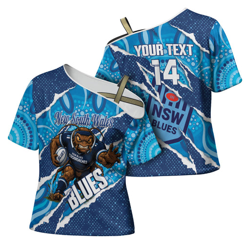 NSW Blues Rugby Custom Cross Shoulder Shirt Go Cockroaches Sporty Aboriginal Art