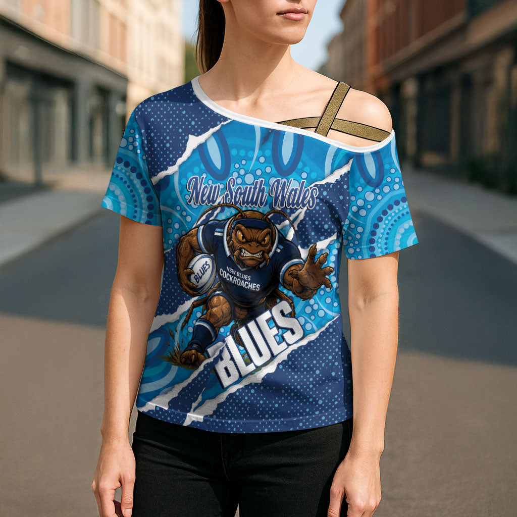 NSW Blues Rugby Custom Cross Shoulder Shirt Go Cockroaches Sporty Aboriginal Art